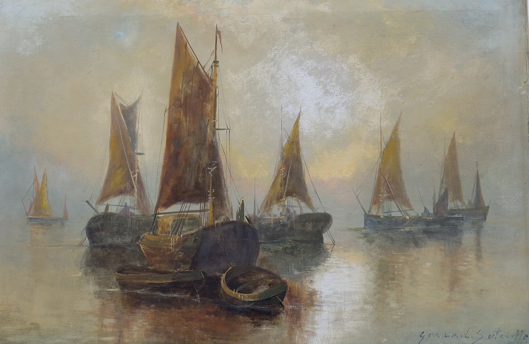 Gerald Sutcliffe (19th C.), oil on canvas laid on board, Fishing boats at anchor, signed, 39 x 59cm
